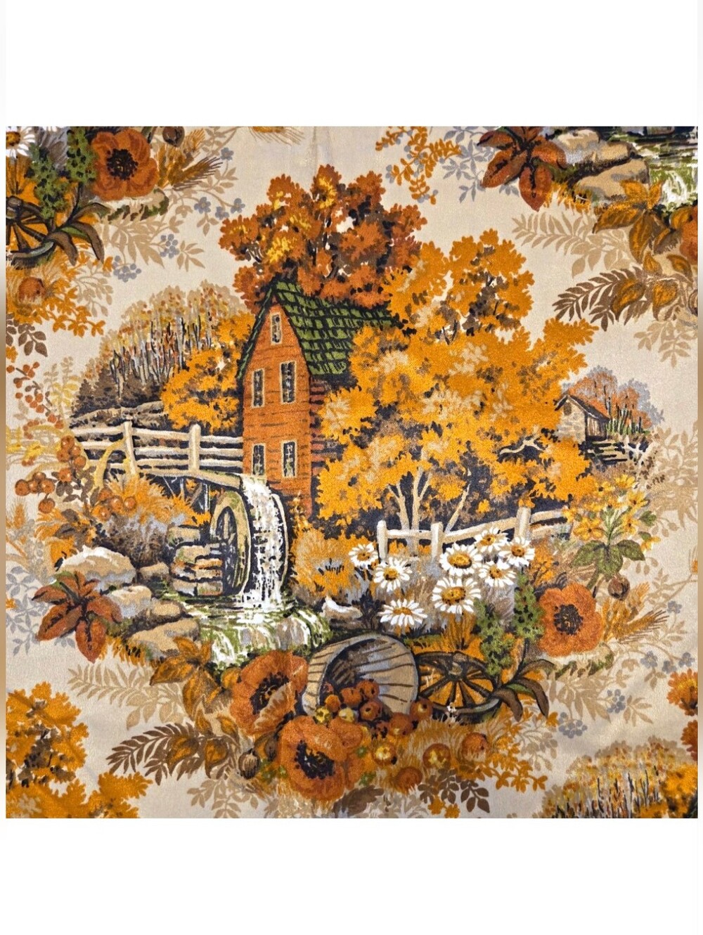 Vintage B/K Fall Harvest Watermill Scenic Fabric Screen Print 4 Yards x 56"